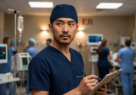 Focused asian man, a doctor, in navy blue scrubs and cap, holding a clipboard, standing in a bustling hospital emergency room with medical staff and equipment.の素材