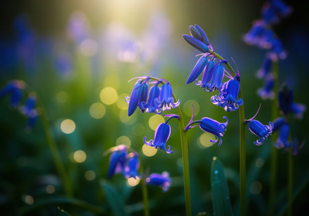 Close up of vibrant bluebell flowers with bell shaped blossoms in a sunlit forest. soft bokeh highlights the natural beauty and fresh morning dew.の素材
