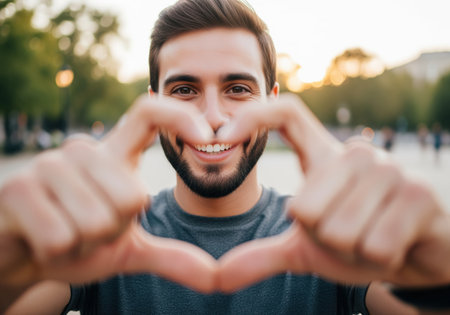 Young man with a beard making a heart shape with his hands, smiling brightly. expresses love, care, affection, and positive emotion in an outdoor setting.の素材