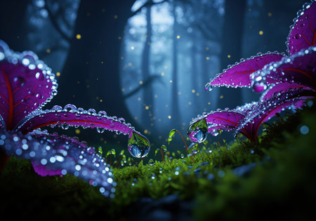 Vibrant purple leaves adorned with sparkling water droplets and green moss, set against a blurred, dark, mystical forest background with subtle glowing lights.の素材