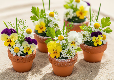 Miniature terracotta pots filled with an abstract arrangement of colorful edible pansy flowers, white daisies, and fresh green herbs. a stylized macro food photograph showcasing delicate culinary art.の素材