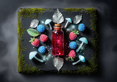 Whimsical berry elixir potion in a glass vial, surrounded by frosted raspberries, blueberries, fantasy mushrooms, and silver leaves on a moss edged slate, evoking magic and enchantment.の素材