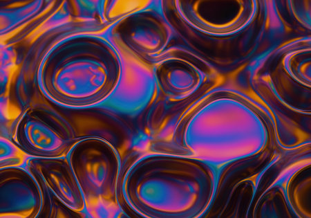 Iridescent metallic texture featuring fluid, organic shapes and vibrant holographic colors. abstract liquid metal surface with a dynamic gradient of purple, blue, orange, and pink hues, creating a modern and futuristic visual.の素材