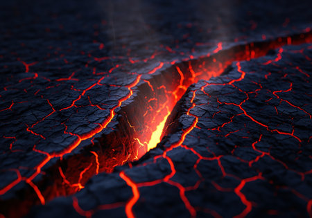 Deep glowing fissure emitting intense red and orange light from a dark, cracked surface. the texture resembles dry, volcanic terrain or an alien planet, conveying heat, power, and geological activity.の素材