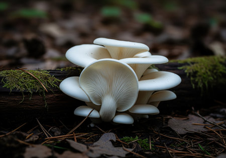 Brilliant white oyster mushrooms grow in a cluster on a moss covered decaying log. the forest floor is dark and wet, scattered with fallen leaves and pine needles, highlighting natural growth and organic beauty.の素材