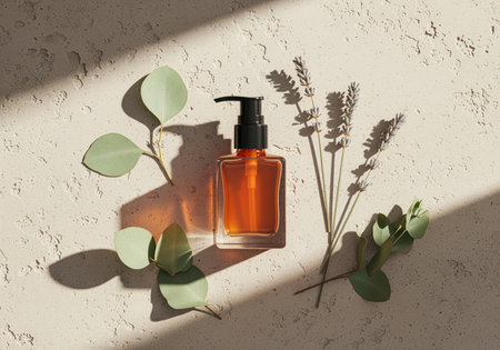 Amber glass pump bottle with orange facial serum, surrounded by fresh eucalyptus leaves and dried lavender sprigs on a textured beige surface with harsh shadows. natural skincare concept.の素材