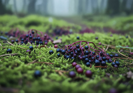Wild dark purple elderberries fallen on lush green moss in a natural forest setting, conveying nature, autumn, and foraging.の素材