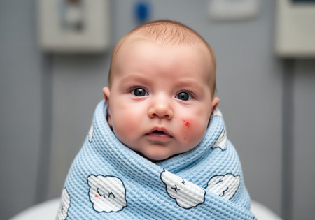 Infant wrapped in a blue blanket with cloud patterns. newborn has a mild eczema flare up on cheek. baby with skin irritation, health concern, and babyhood concept.の素材