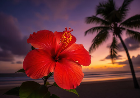 Vibrant red hibiscus flower with prominent yellow stamen in the foreground, set against a serene tropical beach sunset. a silhouetted palm tree and ocean waves complete the exotic scene, evoking tranquility and vacation.の素材