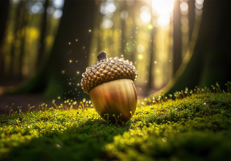 Golden acorn adorned with shimmering dew drops, nestled on lush green moss. sunbeams filter through the trees, creating a magical, enchanted forest atmosphere with sparkling light.の素材