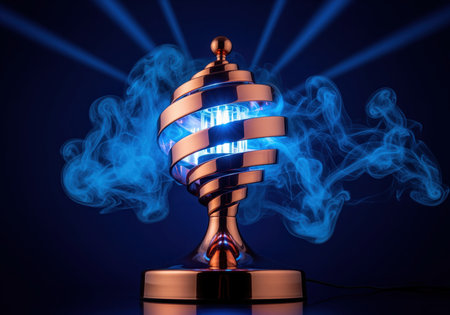Polished copper spiral desk lamp with a futuristic design, emitting vibrant blue light and surrounded by swirling blue smoke. represents innovation and energy.の素材