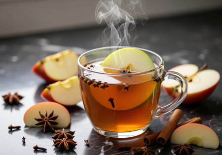 Hot apple cider in a clear mug, garnished with a green apple slice and whole cloves, surrounded by star anise, cinnamon sticks, and apple wedges on a dark surface.の素材
