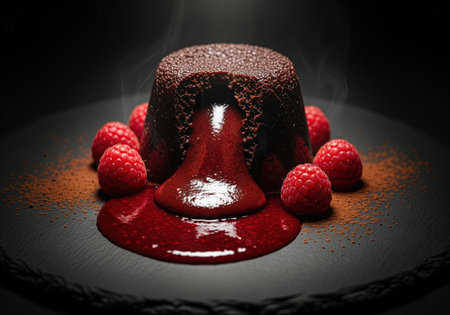 Rich molten lava chocolate cake with a warm, flowing raspberry center, garnished with fresh raspberries and cocoa powder on a dark plate.の素材