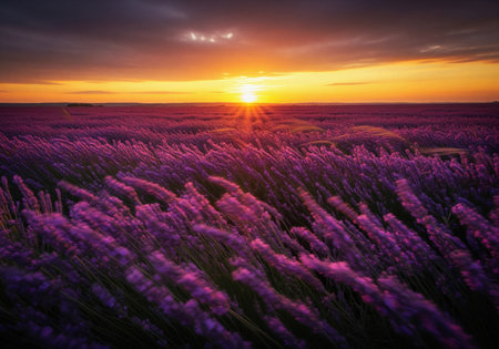 Expansive field of vibrant purple lavender flowers swaying in the wind during a beautiful golden sunset. serene natural landscape with warm light and dramatic sky.の素材