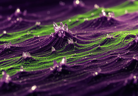 Abstract digital art featuring undulating waves of deep violet and electric green, adorned with numerous sparkling crystal formations. evokes a cosmic, textured, and vibrant aesthetic.の素材