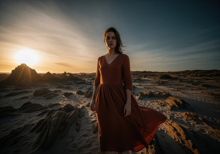 Young woman in a reddish brown dress stands on a rugged coastal landscape with sand and rocks. golden hour sunset creates dramatic light and long shadows. windswept scene.の素材