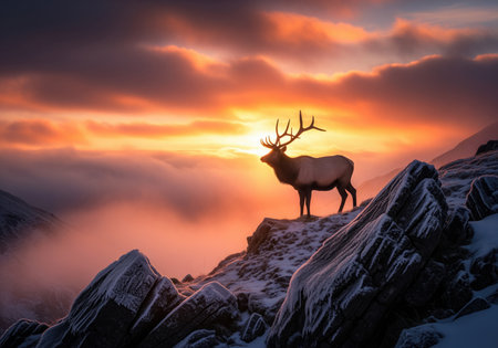Massive elk stag with large antlers stands motionless on a snow dusted mountain peak. dramatic golden hour sunset sky with vibrant clouds and mist creates a powerful wilderness scene.の素材