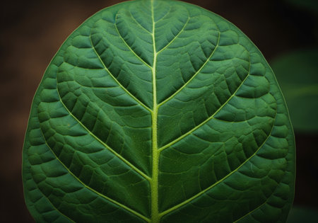 Vibrant green mature tobacco leaf with prominent veins and textured surface, showcasing natural patterns and organic detail. agriculture and botany concept.の素材
