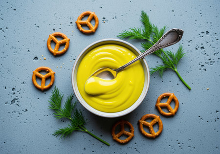 Vibrant honey mustard in a white bowl with a spoon, accompanied by crispy pretzels and fresh dill sprigs on a textured grey surface. ideal for food, snack, and condiment concepts.の素材