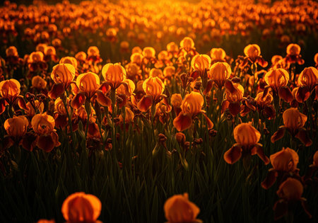 Dense field of dwarf siberian irises in fiery orange and deep copper hues, dramatically backlit by golden sunset light. evokes warmth, nature, and tranquility.の素材