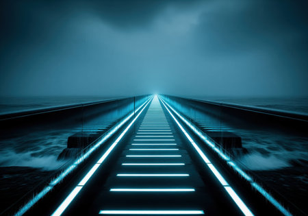 Futuristic glowing walkway extending into a dark, turbulent ocean under a dramatic, cloudy sky. the illuminated path leads towards a mysterious horizon.の素材