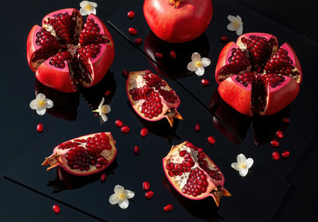 Vibrant red pomegranates, some whole and some cracked open, revealing juicy arils and scattered seeds, adorned with delicate white flowers on a sleek dark surface. rich in antioxidants, healthy fruit.の素材