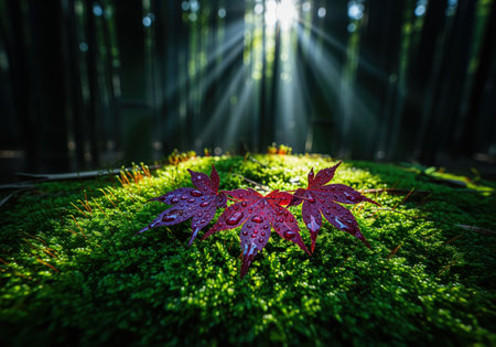 Deep purple japanese maple leaves covered in water droplets rest on lush green moss, illuminated by sun rays piercing through a dark forest.の素材