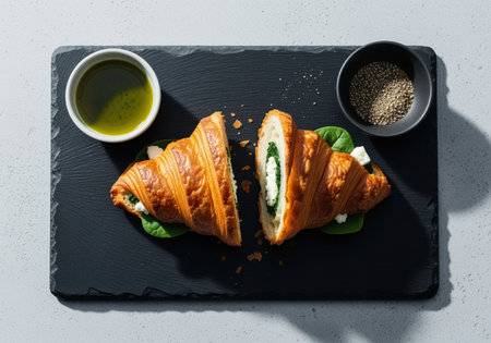 Savory spinach and feta croissant, cut in half, revealing a vibrant green and white filling. presented on a dark slate board with a green dipping sauce and black pepper, perfect for breakfast or brunch.の素材
