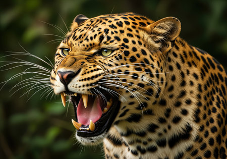 Leopard snarling fiercely, revealing sharp fangs, pink tongue, and intense green eyes. majestic wild cat expressing aggression and power in its natural habitat.の素材