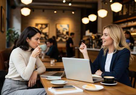 Two professional women discussing business over coffee in a stylish cafe. one sips a drink while the other smiles, surrounded by laptops and pastries, symbolizing collaboration and modern work.の素材