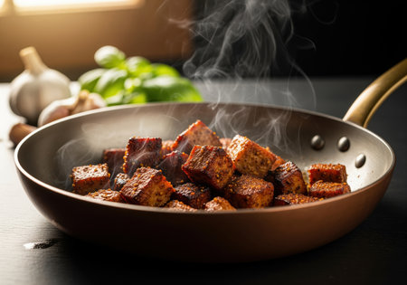 Diced seitan, richly seasoned and intensely caramelizing, sizzling in a rustic copper pan. steam rises from the hot food, with garlic and basil visible.の素材
