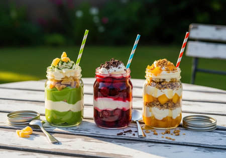 Three vibrant layered parfaits with fruit, cream, and granola in mason jars. presented on a distressed white wooden picnic table outdoors, bathed in natural sunlight. perfect for summer desserts or healthy snacks.の素材