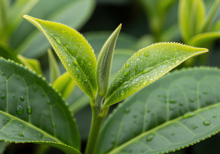 Young green tea leaves covered in glistening water drops, symbolizing purity, freshness, and the essence of nature. ideal for organic and healthy lifestyle content.の素材