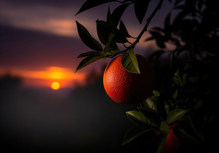 Vibrant blood orange hangs from a dark tree branch, its rich texture highlighted against a dramatic golden sunset. lush green leaves frame the fruit, with the blurred horizon showing warm evening light.の素材