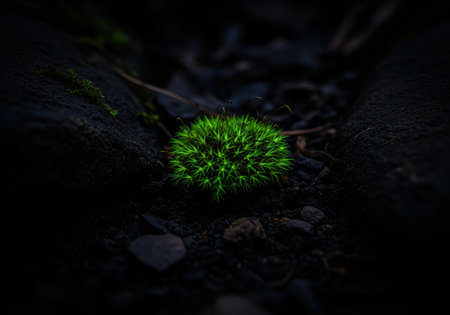 Vibrant green moss clump intensely glowing on dark forest ground, surrounded by small rocks. a dramatic close up of plant life in a shadowy natural environment.の素材