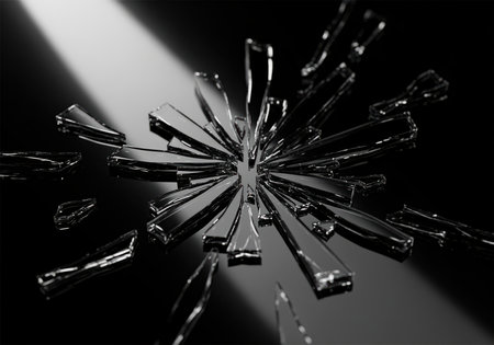 Shattered black glass shards spread across a glossy obsidian surface, illuminated by a strong beam of light, creating reflections and emphasizing breakage and fragility.の素材