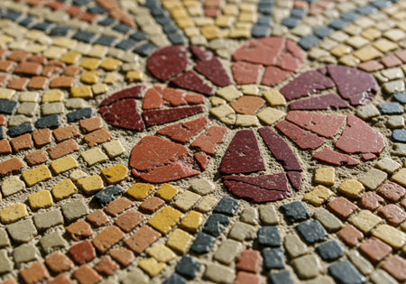 Ancient roman style mosaic featuring a detailed floral pattern made of small, colorful tesserae. close up view highlighting texture and craftsmanship.の素材