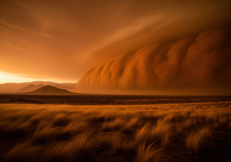 Massive orange dust storm engulfing a desert landscape with mountains in the distance and dry grass in the foreground, depicting extreme weather and climate change.の素材