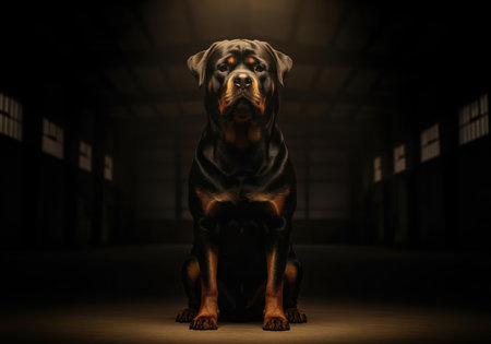 Large rottweiler dog with a powerful build sitting calmly in a dimly lit, dark industrial warehouse. the animal intense gaze and strong presence convey loyalty, protection, and strength.の素材