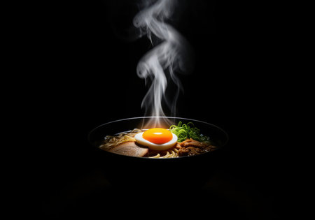 Hot ramen noodle soup with a perfectly cooked soft boiled egg, chashu pork, and green onions, emitting steam in a dark, moody setting. traditional japanese cuisine.の素材