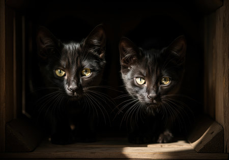 Two vigilant black shorthair kittens with bright yellow eyes emerge from deep shadows, their sleek fur blending into the darkness. dramatic lighting highlights their intense gaze and curious expressions.の素材