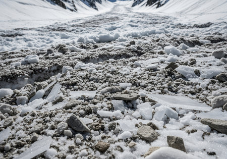 Pulverized snow, ice shards, and rocks cover the ground in a recent avalanche runout zone, highlighting the raw power of nature.の素材