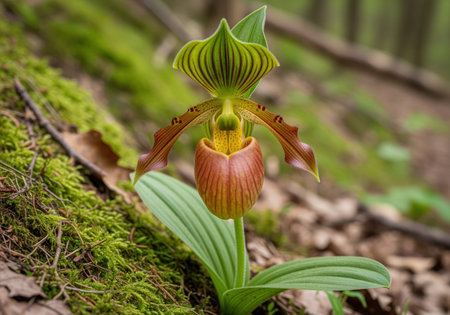 Vibrant wild lady slipper orchid with green and reddish brown petals blooming in its natural mossy forest habitat. focus on delicate details and natural beauty.の素材