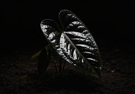 Lush dark anthurium leaf covered in glistening water droplets, emerging from rich soil against a deep black background. symbolizes growth, nature, and freshness.の素材