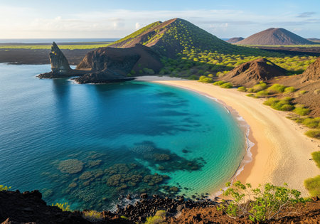 Pinnacle rock rising from the clear turquoise waters of a pristine bay on bartolome island, galapagos, surrounded by volcanic hills and lush green vegetation.の素材
