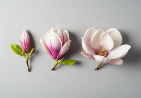 Three magnolia flowers showcasing different growth stages, a closed bud, a partially open bloom, and a fully open flower, arranged on a neutral gray surface.の素材