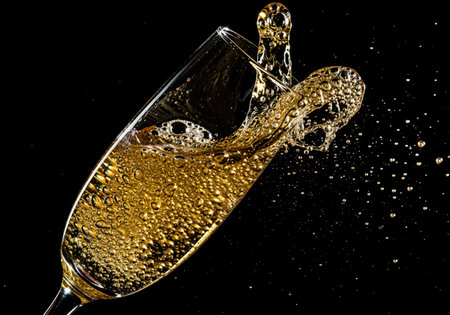 Sparkling wine splashes dramatically from a tilted flute glass, creating a dynamic overflow of bubbles and liquid against a dark background. celebration concept.の素材