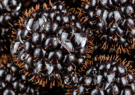 Fresh, ripe blackberries covered in clear water droplets, showcasing their intricate surface texture and vibrant dark color. detailed macro view for culinary, health, and scientific themes.の素材