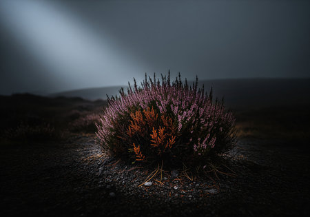 A resilient heather clump with purple and orange blossoms, dramatically lit by a strong light beam piercing through dense, wind driven fog.の素材