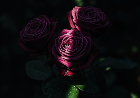 Three deep purple roses captured in dramatic low key lighting, highlighting their intricate petals and rich color against a dark, moody background. a few green leaves with water droplets are visible.の素材
